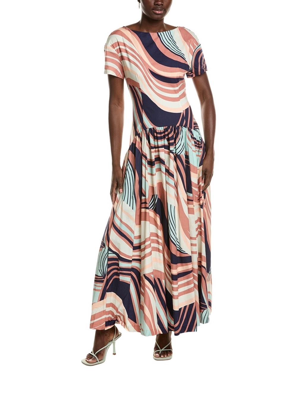 Hutch Abstract Wave Print Maxi boat neck ruched sleeve Dress Multi NWT Sz 4